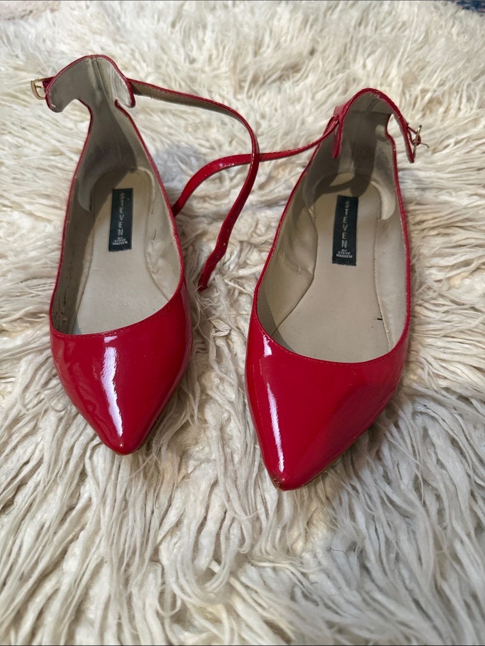 Steven by Steve Madden Red Patent Pointed-Toe Ankle-Strap Flats